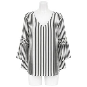 DR2 Striped Bell Sleeve Blouse Flowy V Neck Vertical Stripe Boho Career Large